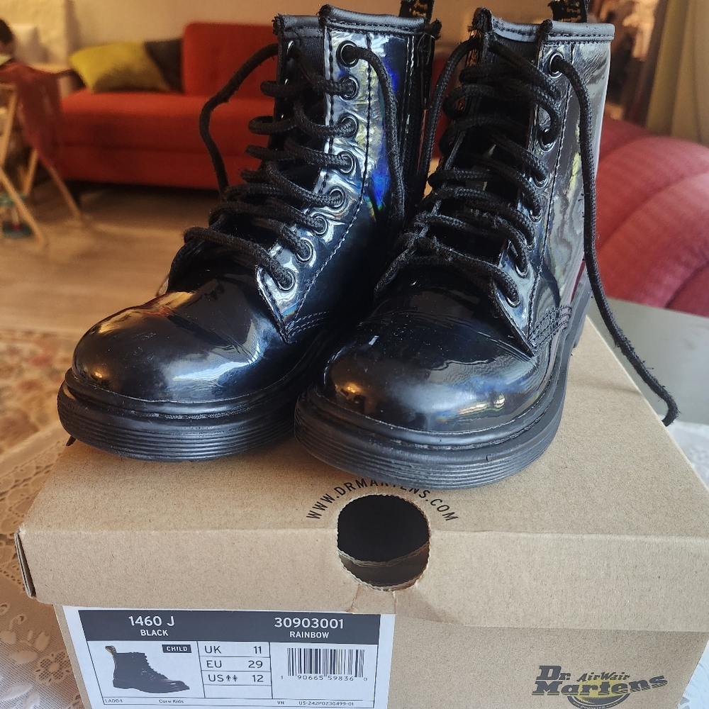 Dr. Martens 1460 J Black Rainbow Patent Leather Boots Sz 12 Kids Unisex